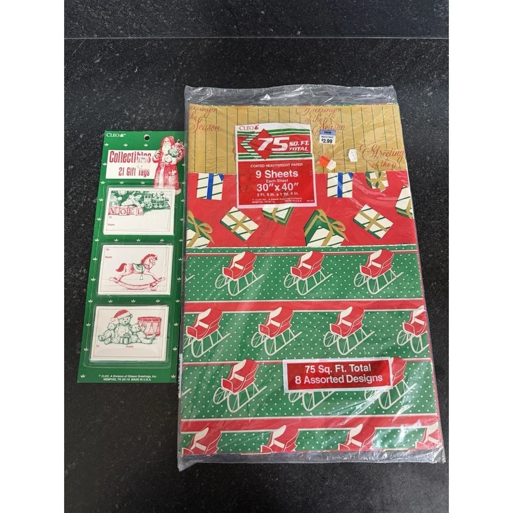 Vintage Cottagecore Christmas Wrapping Paper & Gift Tags Lot NOS Cleo USA